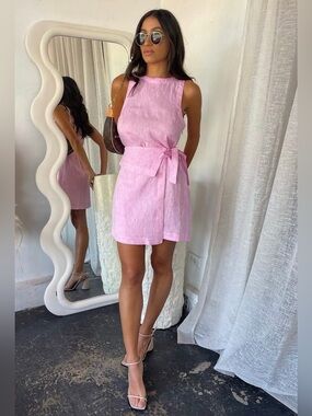 MON RENN Linen Solar Mini Dress in Fondant Pink - Large